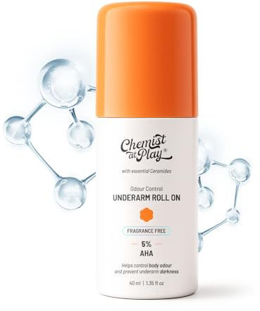 Chemist at Play UnderArm Roll-On with 5% AHA| Lactic & Mandelic Acid|Prevents Odour, Brightens Skin & Exfoliates Underarm | For Sensitive Skin | Fragrance-Free | Alcohol & Aluminium Free | 1.35 fl oz