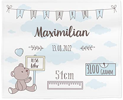 Striefchen® Baby Kuscheldecke zur Geburt, 120 x 100 cm, für Jungen und Mädchen, Teddy Motiv mit Wunschangaben Blau