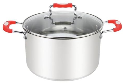 Millvado Stock Pot, 3 Quart Stainless Steel Pot, StockPot With Clear Glass Lid, Steam Hole, Permanent Measurement Markings, Gas, Electric and Induction Compatible Boiling Pot, Red