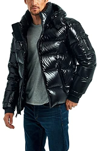 sunongvt Shiny Down Jacket for Men,Winter Waterproof Hooded Full Zip Warm Puffer Jacket Windproof Stand Collar Casual Coat