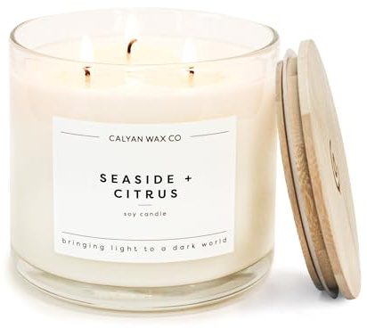 Calyan Wax Co. Seaside & Citrus 3 Wick Scented Candle - 43 Hour Burn - Luxury 3 Wick Soy Candles - Non Toxic Soy Wax Candles - Long Lasting Large Glass Jar Candle for Home - 14.9oz
