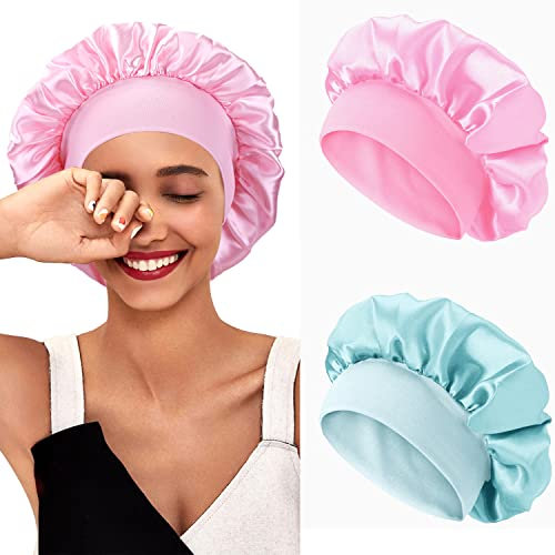 2 Pièces Bonnet en Satin pour Cheveux Nuit, pour Femmes, Bonnet en Satin à Bande Élastique Douce (Rose+Vert Clair)