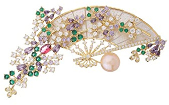 JadeAngel Luxus-Brosche für Damen, Vintage-Fan-Stil, Brosche mit Zirkonia-Perlen, Brosche, Messing, Zirkonia