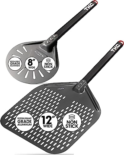 TKC Perforated Pizza Peel Bundle with 12 Inch Peel and 8 inch Pizza Turning Peel - Commercial Grade Pizza Spatula -Compatible with all Pizza Ovens