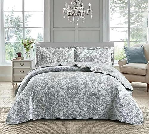 3 PCS Patchwork Bedspread Quilted Bed Throw Single Double King Size Bedding Set (Damask Grey, Super King)