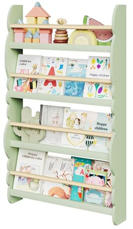 WOLTU Kids Bookcase, Wall Shelf, 4-Tier Children's Bookshelf, Storage Display Rack, Wooden Book Organiser for Children's Room, Cloud-shape, Green