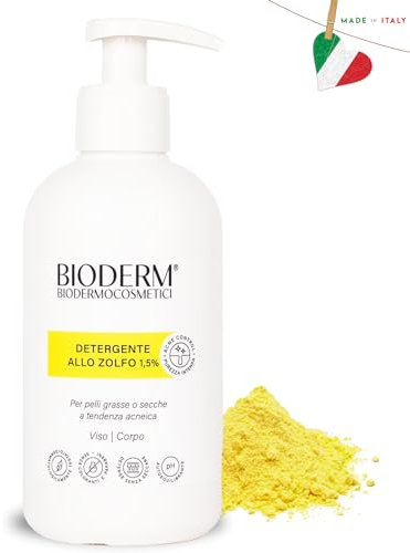 Bioderm S Detergente Allo Zolfo per Pelle Grassa e Anti Acne - Per Punti Neri e Brufoli sulla Fronte, Naso, Mento, Guance, Schiena, Collo, Cuoio Capelluto, ecc - Senza Parabeni