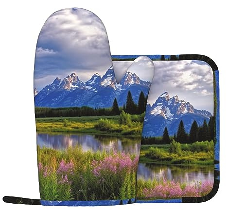 Grand Teton National Park Print Maniques Mitaines et Maniques Ensembles Cuisine Four Gants Résistants Chauds Pour Cuisson Grill
