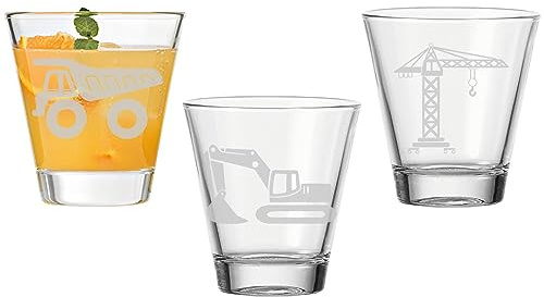 LUXENTU Kinderbecher mit Gravur, Baustellenfahrzeuge, 215 ml, 3 Stück | Personalisierte Trinkgläser für Kinder mit Baustellen-Motiv, Geschenk zum Geburtstag, Spülmaschinenfest
