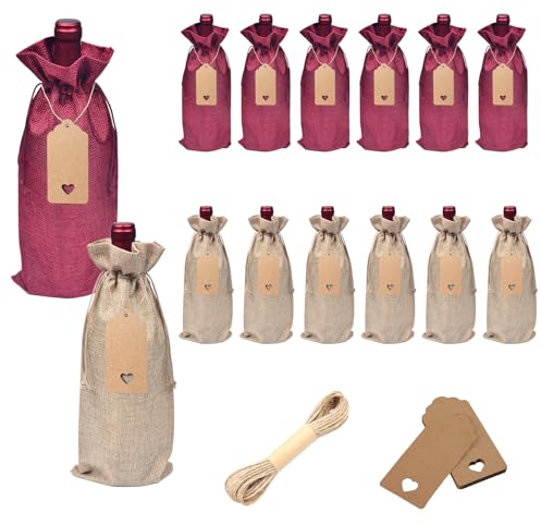 Weinbeutel Jute, FainFun 12 Stück Weintasche Jute, Jutebeutel Weinflasche, Weinflaschen Beutel, Geschenkbeutel Weinflasche, Tischdekoration, Geschenktüte(Burgund + Hanf)