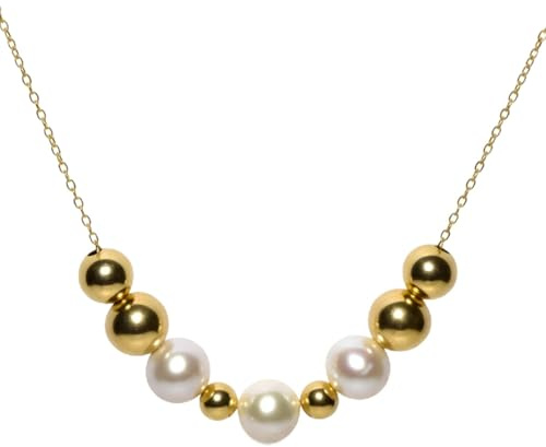 Add A Bead Necklace Chain w/ 3 Semi-Precious 8mm White Pearl Bead and 6 Decending 14k Yellow Gold Beads (Yellow Gold Filled Silver, 22, Inches)