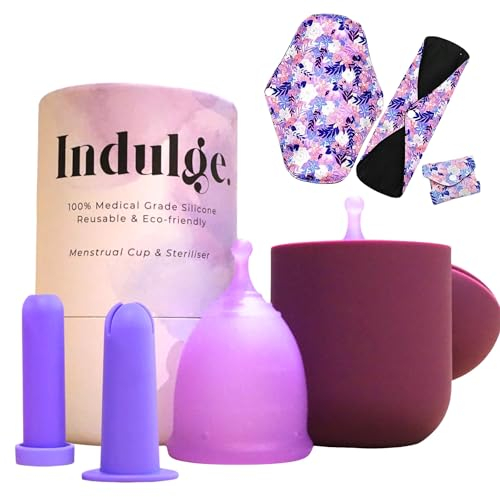 Indulge 5 PCS Reusable Menstrual Cup Set – Silicone Period Cup, Applicator,Microwave Steriliser,Water-Based Lube & Reusable Pad–Eco Alternative to Tampons & Sanitary Towels, Medium, Pack of 1, Purple