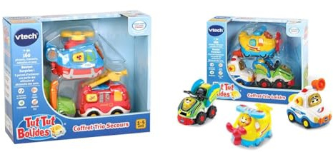 VTech - Tut Tut Bolides, Coffret Trio Secours, 3 Voitures Interactives & Tut Tut Bolides, Coffret Trio Loisirs, 3 Voitures Interactives, Avion à Hélices, Voiture de Police et Quad, Jouet Musical