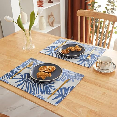 Mantel Individual Hojas Azules Juego de 4 Manteles Individuales bajoplatos Aislante Calor Lino Antimanchas Antideslizantes decoración Mesa Comedor Cocina 45X30cm