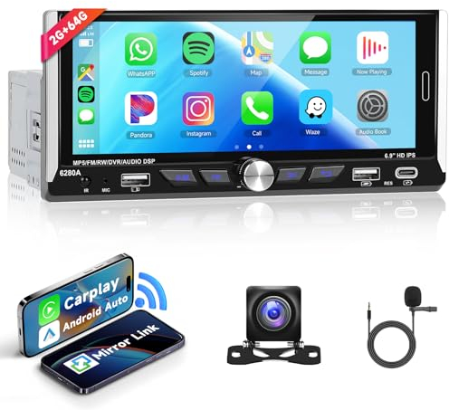 Hodozzy 2G+64G Wireless Carplay Autoradio 1 Din Android 6,9 Zoll Touchscreen Radio mit Bluetooth, GPS Navi, WiFi, Android Auto, FM RDS EQ, 1 Din Bildschirm mit Rückfahrkamera Typ-C/USB/AUX