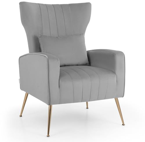 COSTWAY Velvet Accent Chair, Upholstered Wingback Armchair Comfy Reading Chair with Lumbar Pillow and Metal Legs, Modern Single Sofa Chair Occasional Lounge Armchair for Living Room Bedroom (Grey)