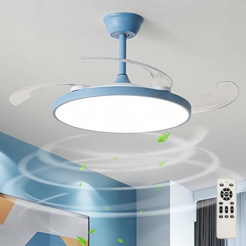 Bambini Ventilatore Da Soffitto Con Luce E Telecomando Silenzioso Camera Da Letto Retrattile Lampadario Ventilatore LED Dimmerabile Reversibile Moderno Plafoniera Con Ventilatore Smart-Blue||95cm