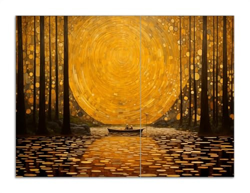 Wallario Herdabdeckplatte/Spritzschutz aus Glas, 2-teilig, 70x52cm mit 8 mm hohen Füßen, für Ceran- und Induktionsherde, Goldene Flussfahrt