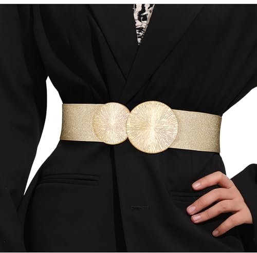 VONMELLI Damen Breiter Elastischer Gürtel mit Goldener Schnalle für Kleid Stretchy Vintage Taillengürtel für Damen Gold(Gold Schnalle) M