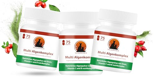 Vitalpfoten Multi Algenkomplex 3x75 Kapseln Hund & Katze + Vitamin B +Eisen | Vitamin B + C Nutrikomplex und Eisen Kapseln mit Chlorella, Spirulina, Grünlippmuschel für Energie, Fell, Haut, Nerven & Blut