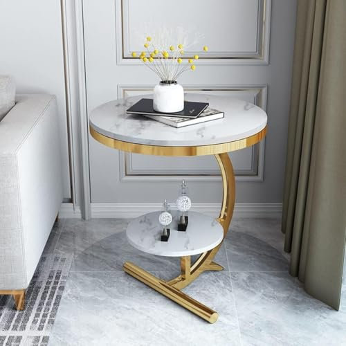 ZHENCHAO Moderner runder Beistelltisch aus Marmor mit Zwei Ebenen für Wohnzimmer und Hotel, Farbkombination aus Gold und Weiß, Elegantes und funktionales Möbelstück als Inneneinrichtung