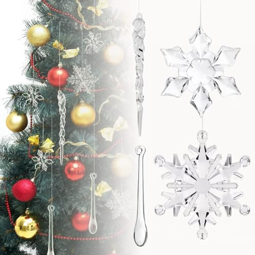 Christmas Tree Decorations, 40Pcs Hanging Snowflakes Ornaments，Pendant with Crystal Icicles for Xmas Tree & Wedding Festival Home Party Event