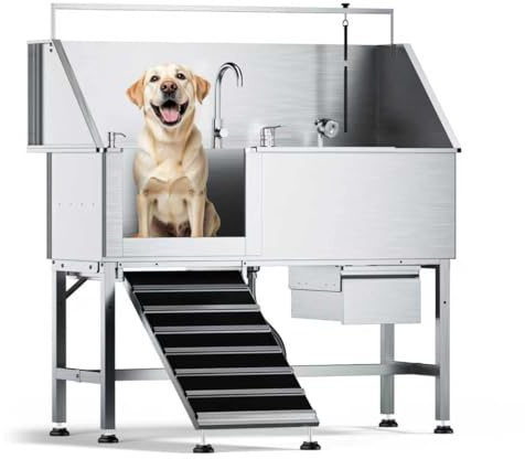 DYTREND 56 Professional Dog Washing Station, 304 Stainless Steel Pet Grooming Tub with Removable Ramp, 1.0mm Thick Anti-Rust Bath Tub, Adjustable Height & Detachable Faucet Kit for Dogs & Cats