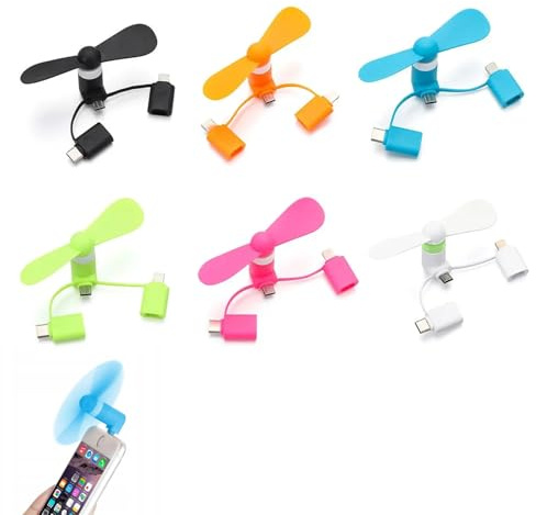 Mini-Handy-Lüfter, 3 in 1 Mini-Handy-Ventilator, 6PCS Tragbarer Kühler Rotierender Ventilator, Tragbarer Mini-USB-Handy-Lüfter, 3-in-1-Lüfter Kompatibel mit iPhone/Typ C/Lightning-Port-Ventilator