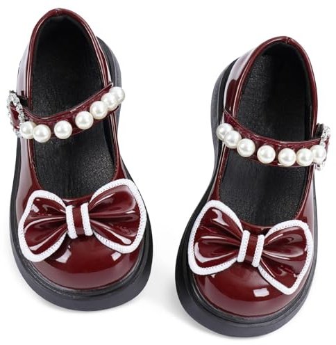 Little Girls' Dress Shoes with Pearl Straps and Bow Toe Soft Sole Mary Jane School Shoes Princess Dress Shoes Girls' Ballerina Flat for Wedding Red 9 UK Child