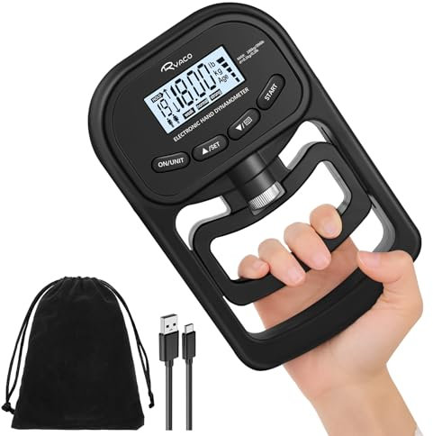Ryaco Digitaler Handkraftmessgerät, 396lbs/180kg Aufladbar Hand Dynamometer Elektronischer Griffkraft Messer, Griffkraftmessgerät Grip Strength Trainer mit LCD-Display für Sport Hause Schule, Schwarz