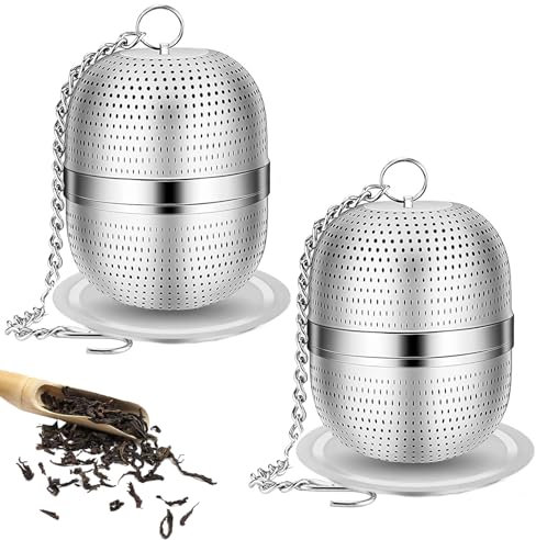 iJiZuo 2 Pezzi Infusore per Tisane, Colino da tè con Maglia, Colini da tè in Acciaio Inox a Rete, con Catena Lunga e Vassoio raccogligocce Rotondo, per Foglie di tè e Spezie e Condimenti
