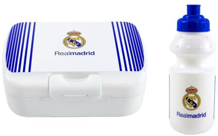 Genérico Set de Sandwichera/Fiambrera + Botella 350 ml compatible con Real Madrid y Atlético Madrid - Set Infantil para meriendas. (R. Madrid)