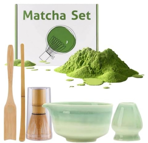 5 Piece Matcha Tea Kit, Matcha Whisk Set with Bamboo Whisks and Ceramic Bowl, Scoop, Whisk Holder, Starter Kit for Handcrafted Matchas Powder Making Tools for Beginners, Gradient Green