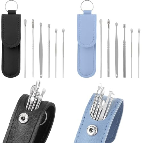 Henyall 12PCS Ear Wax Removal Kit –Stainless Steel Ear Cleaner Tool Set with Spiral Eár Pick & PU Storage Bag – Reusable Earwax Remover for Adults & Kids, Safe & Portable Home Cleaning Kit（Black&Blue）