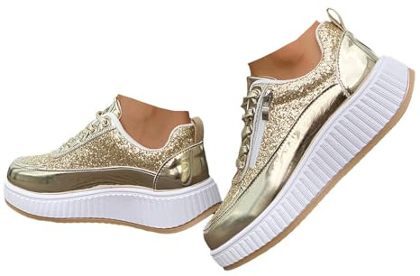 Xbemkste fritidsskor dam halvskor glitter lackskor med platå bekväma sportskor lätta sommarskor låga promenadskor dam sneakers platåskor, Guld, 41 EU