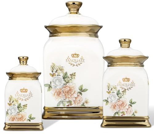 fanquare 3 Stück Vintage Blumenspeicher-Gläser mit Deckel, Keramiktassen für Tee, Kaffee, Zucker, luftdichte Lebensmittelaufbewahrungsgläser für Zuhause, Küche, Geschenke