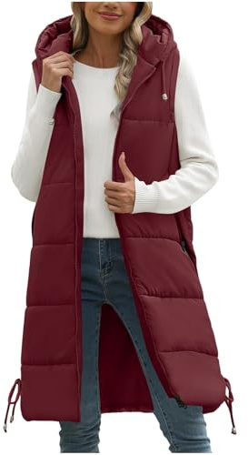 Lovraj Steppweste Damen Leicht Lang mit Kapuze Winter Ärmellos Steppmantel Elegant Lange Weste Warm Daunenweste Einfarbig Longweste mit Reißverschluss