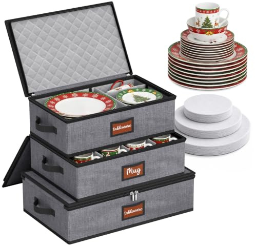 MISSLO Large Capacity China Storage Containers Hard Shell Plate Storage Containers, Kitchen Packing Moving Boxes for Dishes, Dinnerwares, Mugs Protectors, Grey, 3 Piece Set