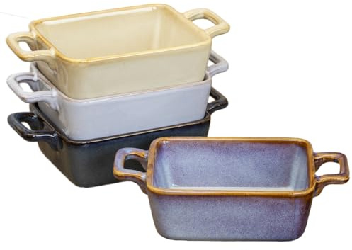 Set Of 4 Ceramic Mini Oven Dishes, Rectangular Baking Dishes With Double Handles, 430ml Capacity, Dark Reactive Glaze Finish, Assorted Colours