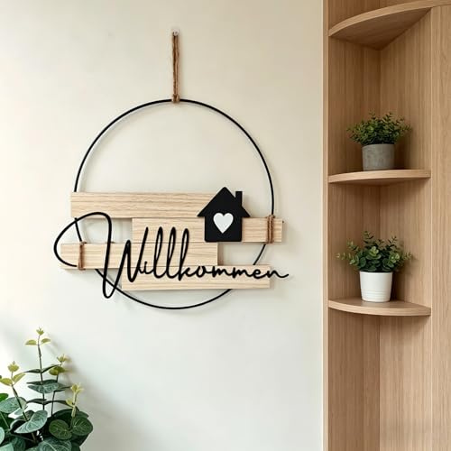 Türkranz Willkommen, Türkranz Trockenblumenkranz, Metall Türschild Willkommen, Herzlich Willkom-Men Schild, Türdeko Haustür für Haustür, Eingang, Garten, Frühling, Sommer, Herbst, Winter