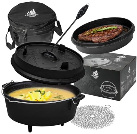 FEUERGOTT Dutch Oven Set 6,5 l Gusseisen Feuertopf mit Füßen Schwarz mit Deckelheber Ringreiniger Transporttasche Outdoor Topf für Grill Feuerstelle Camping BBQ Brot Backen Schmoren