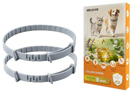 Meloive Collar Anti Pulgas y Garrapatas para Perros, 2 Piezas | Prevención de Garrapatas y Pulgas Hipoalergénico e Impermeable por 8 Meses de Protección, Tamaño Ajustable（64cm）
