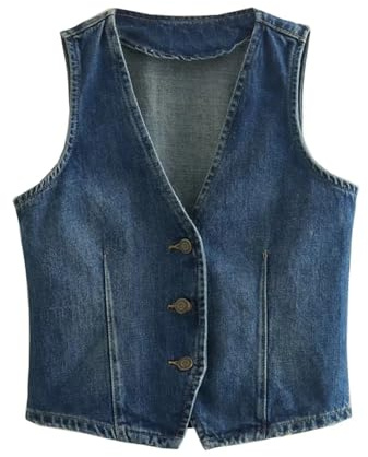NDSJAIE Jeansväst för män, enkelknäppt jeanströja, V-ringad topp, sommar, brittisk stil, korta remmar, dekorationer, daglig användning, djupblå, L