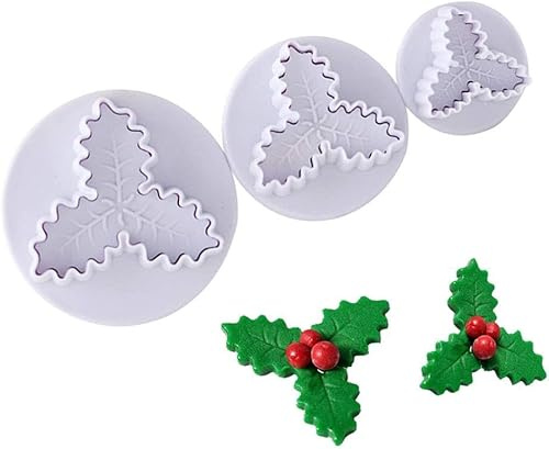 3 cortadores de hojas de acebo de Navidad, moldes para fondant, moldes para fondant, herramientas para hornear, para fiestas de Navidad, pasteles, cupcakes, pasta de goma, azúcar, manualidades