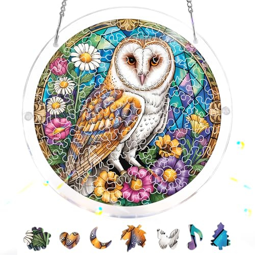 Pavemlo Acryl Sonnenfänger Puzzle 83 Teile, DIY Handwerk Eule Doppelseitige Glasmalerei Fensterkunst mit Kette, Achtsames Geschenk für Mutter, Heimdeko 18 cm F249