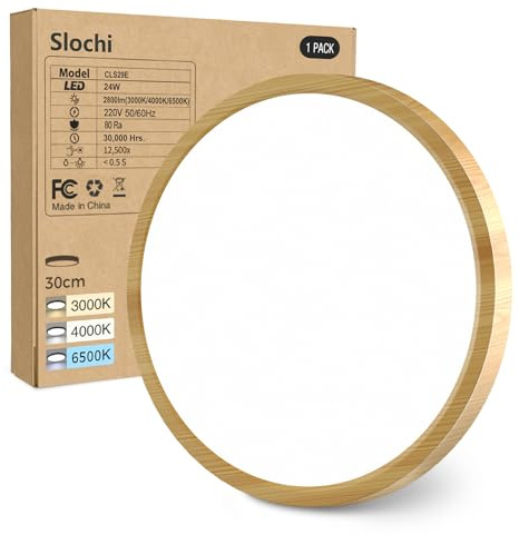 slochi LED Deckenleuchte Flach Wooden 3Farben Ø30CM 24W 2800LM Deckenlampe | Wasserfest Rund Badlampe, Modern LED Lampen für küche Badezimmer Schlafzimmer Flur Wohnzimmer