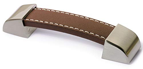 HETTICH 9113454 Möbelgriff (Schrankgriff) Breite 147 mm, Ledergriff braun für Schränke und Schubladen ZD Edelstahleffekt/Leder, Silber
