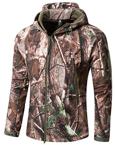 YuanDiann - Giacca softshell da uomo, per autunno e inverno, militare, in pile, foderata, impermeabile, con cappuccio, per escursionismo e caccia, Camouflage bionico, XL