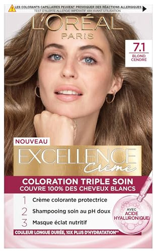 L'Oréal Paris - Excellence Crème -Kit de Coloration Permanente Triple Soin de Cheveux - 100% Couverture Cheveux Blancs - Nuance 7,1 Blond Cendré