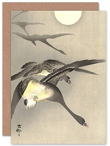 Artery8 Ohara Koson Geese At Full Moon Japanese Painting Fine Art Greeting Card Plus Envelope Blank Inside